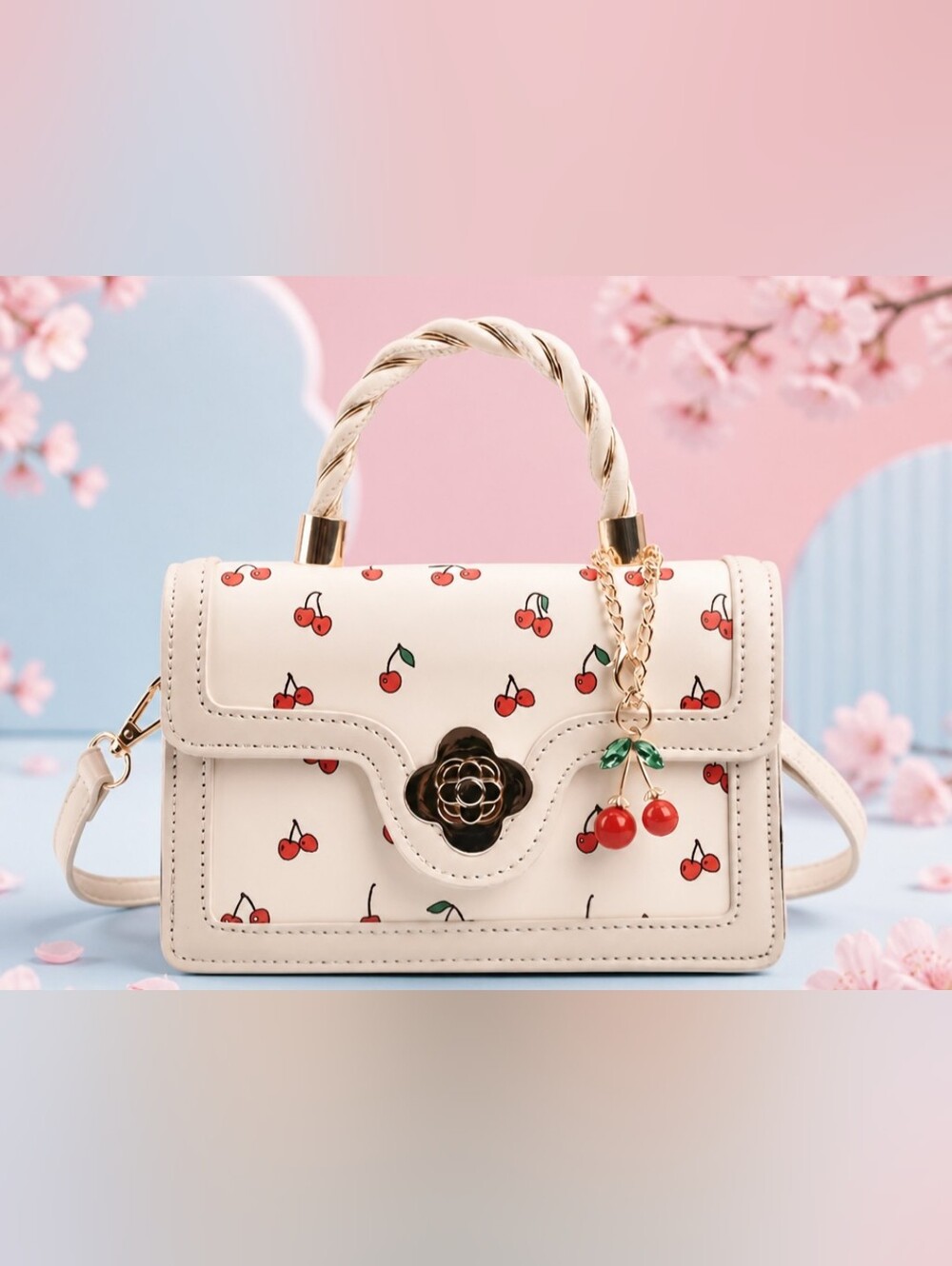 Cherry Design Top Handle Bag With Crossbody Strap NIP